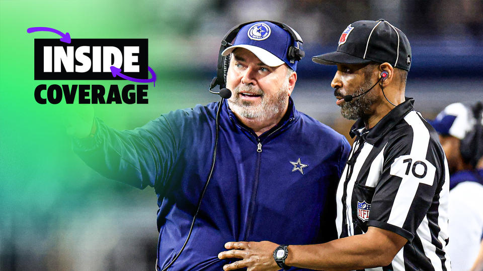 ARLINGTON, TEXAS - NOVEMBER 30:  Head coach Mike McCarthy of the Dallas Cowboys talks with a referee on the sidelines during the 2nd quarter of the game against the Seattle Seahawks at AT&T Stadium on November 30, 2023 in Arlington, Texas. (Photo by Ron Jenkins/Getty Images)