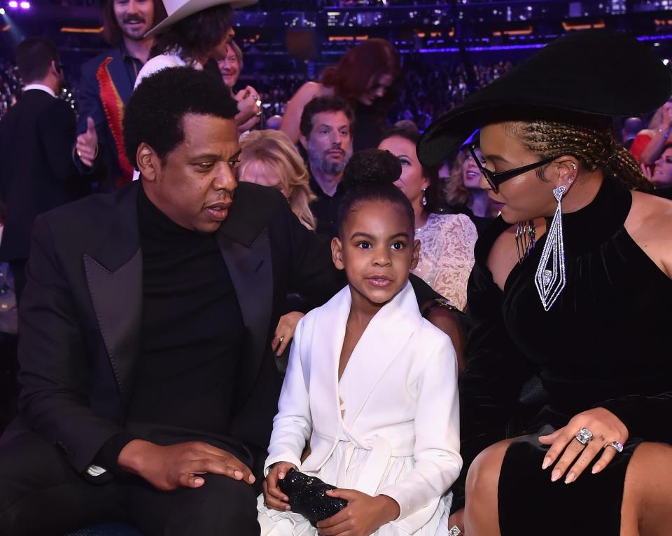 Recording artist Jay Z, daughter Blue Ivy Carter and recording artist Beyonce attend the 60th Annual GRAMMY Awards at Madison Square Garden on January 28, 2018 in New York City.