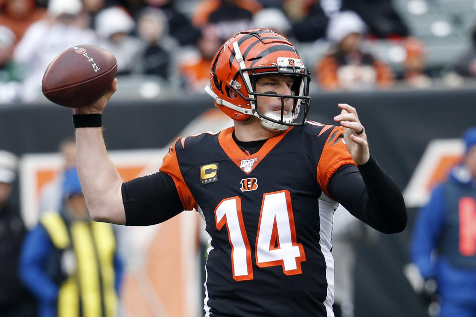 Cincinnati Bengals quarterback Andy Dalton looks to pass during the first half of an NFL football game against the New York Jets, Sunday, Dec. 1, 2019, in Cincinnati. (AP Photo/Frank Victores)