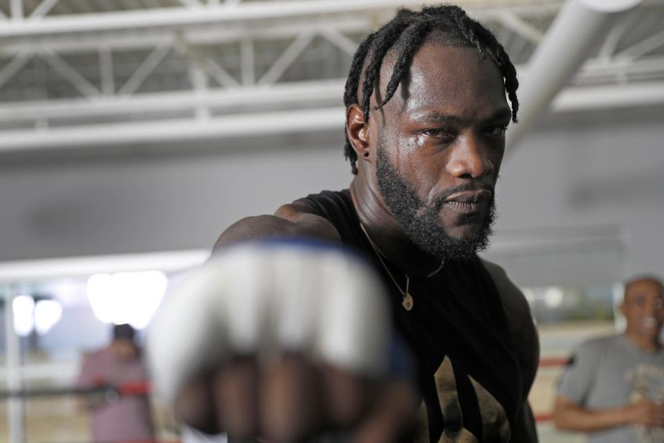 Heavyweight boxer Deontay Wilder poses during a media workout at UFC APEX on September 22, 2022