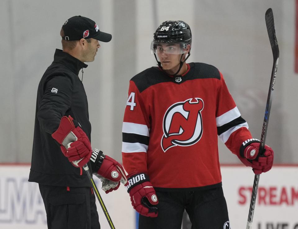 Newark, NJ July 11, 2023 --   Defenseman, Luke Rowe participates in the NJ Devils 2023 Development Camp for young players and coaches at their RWJ Health Hockey House practice facility in Newark. The camp runs through Friday.