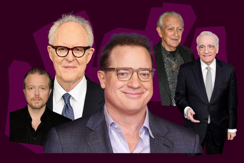 A purple background with cutouts of celebrities' photos from shoulders up. In order from left to right, top row and then bottom row: John Lithgow, Charlie Musselwhite, Jason Isbell, Brendan Fraser, and Martin Scorsese.