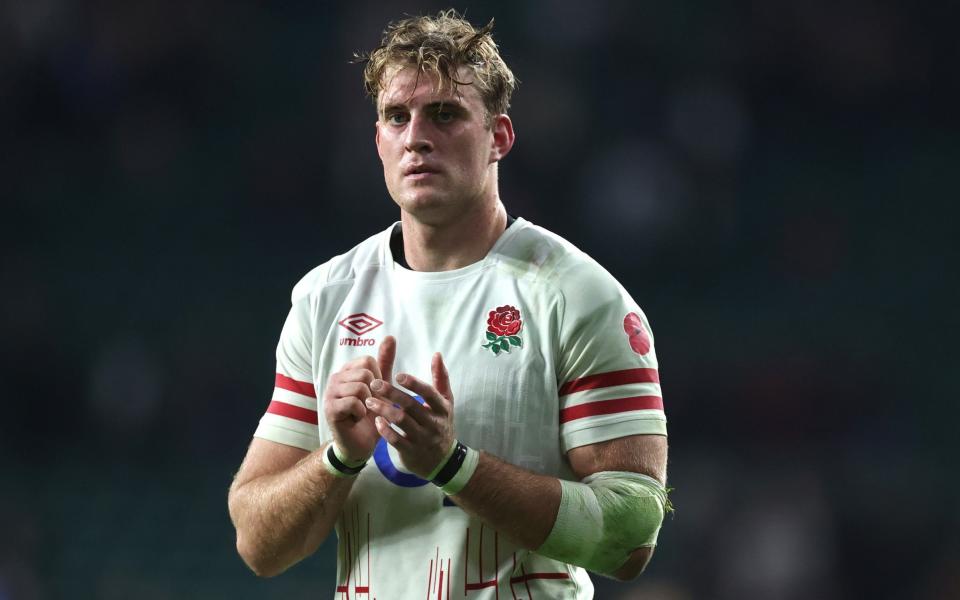 Alex Coles of England applauds the crowd after their victory during the Autumn International match between England and Japan at Twickenham Stadium on November 12, 2022 in London, England