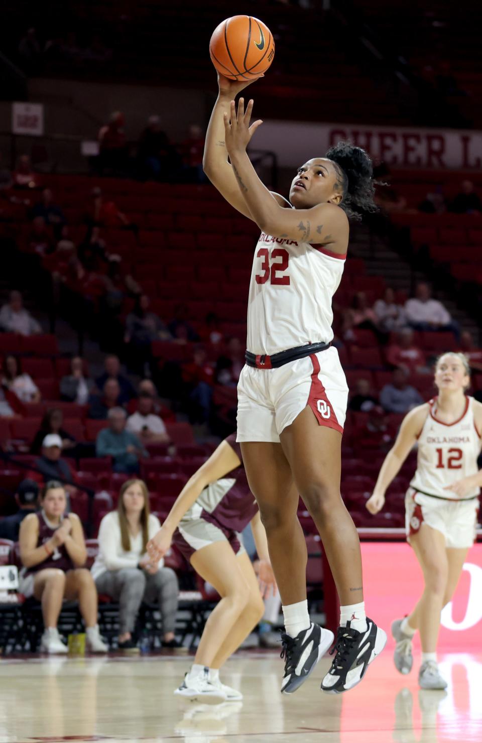 OU's Sahara Williams (32) shoots during an exhibition game against against Texas A&M at Lloyd Noble Center in Norman on Tuesday.