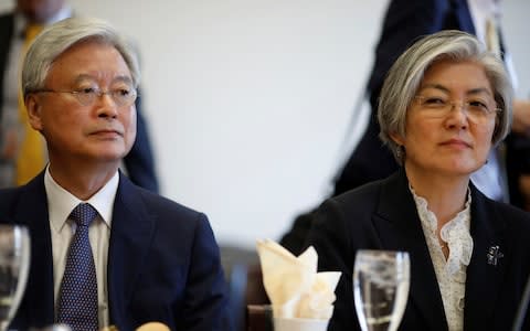 South Korean Foreign Minister Kang Kyung-wha sits with South Korean Ambassador to the United States Ahn Ho-young prior to a meeting with the House Committee on Foreign Affairs in Washington - Credit: Reuters