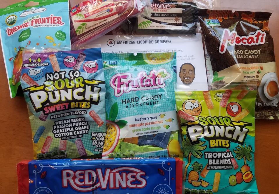 A collection of different candies surrounding a drawing of Jaleel White