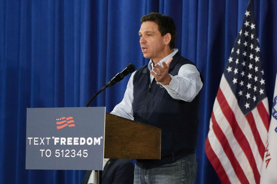 FILE - Republican presidential candidate Florida Gov. Ron DeSantis speaks during a campaign event, Wednesday, May 31, 2023, in Cedar Rapids, Iowa. On Friday, June 2, The Associated Press reported on stories circulating online incorrectly claiming a Florida bill signed into law by DeSantis, which allows people to carry concealed weapons without a government permit, went into effect in April.(AP Photo/Charlie Neibergall, File)