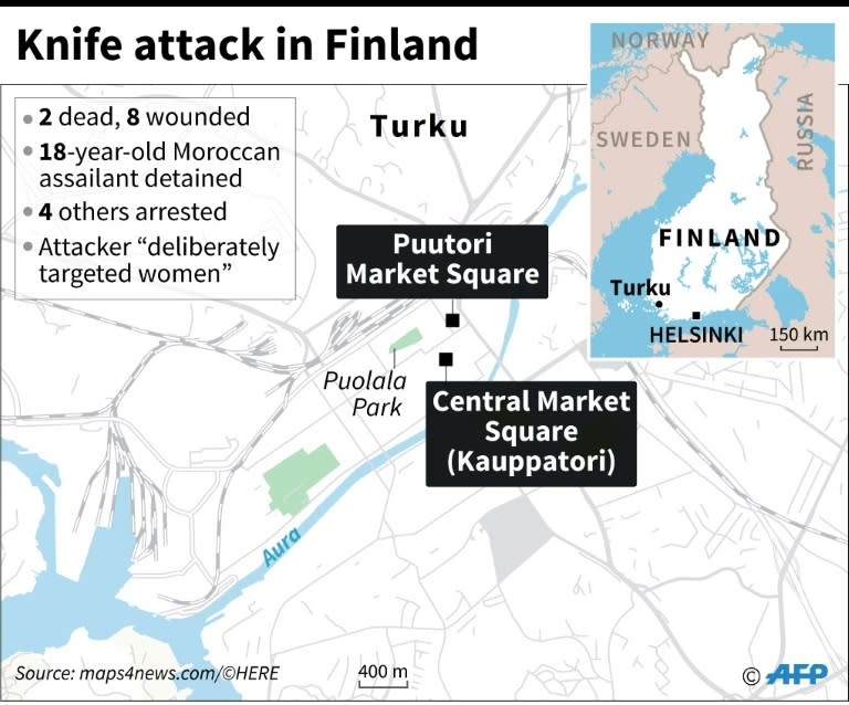 Map of central Turku in Finland, detailing Friday's knife attack