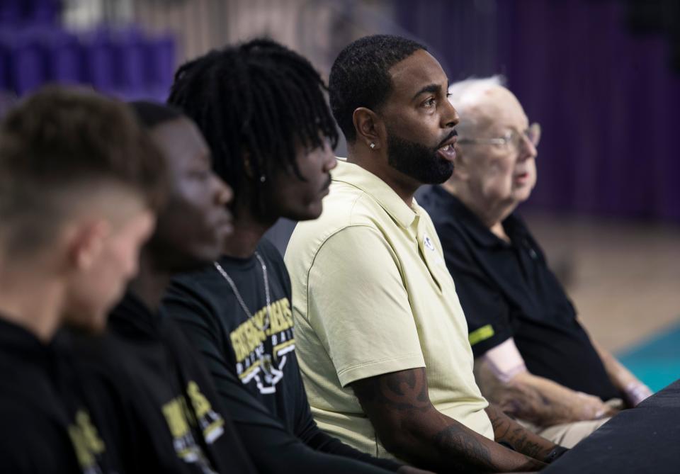 Coach Quran Pettyjohn and three of his Gateway High School basketball players speak at the press conference announcing the field for this year's City of Palms Classic at Suncoast Credit Union Arena in Fort Myers on Tuesday, Aug. 16, 2022. 