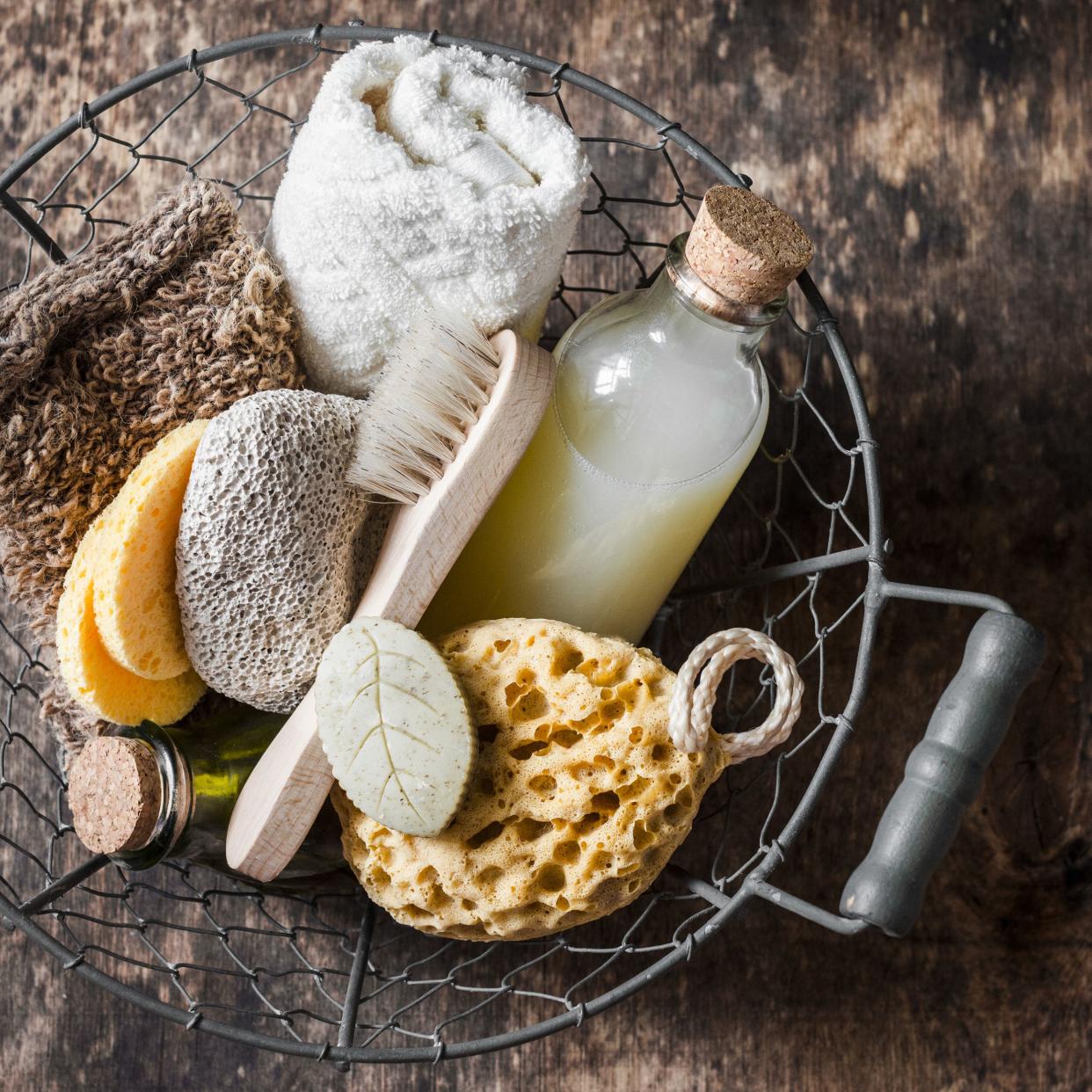 shower accessories in vintage basket