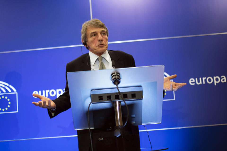 European Parliament President David Sassoli talks to journalists during a news conference at the European Parliament in Brussels, Thursday, Sept. 12, 2019. Sassoli says Prime Minister Boris Johnson's government has made no new proposals that would unblock Brexit talks and that talking about removing the so-called backstop from the divorce agreement is a waste of time. (AP Photo/Francisco Seco)