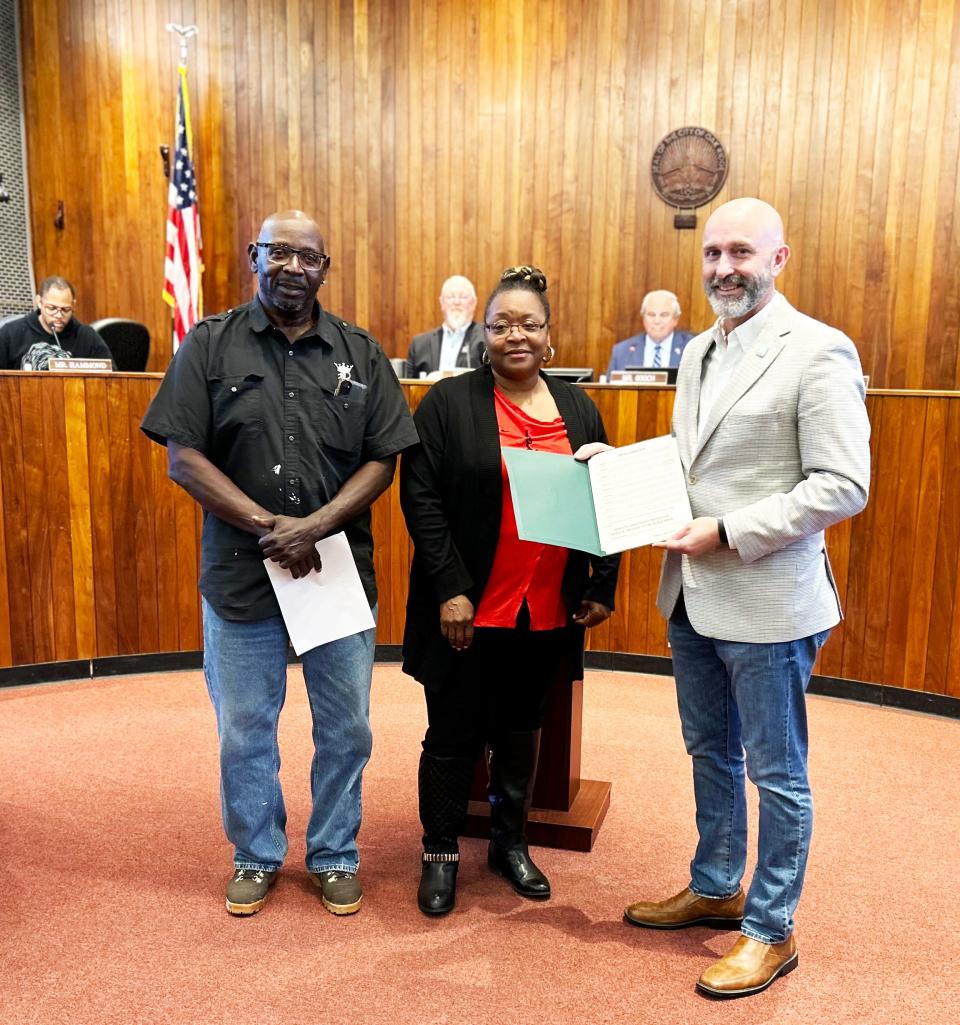 Local residents Roger Williamson, Exalter Ruler for Atomic Elks 1301, and Tina Henderson-Porter, Daughter, Roberta Bohanon Temple 1381, accept the city proclamation from Mayor Pro Tem Jim Dodson making May 3-7 Improved Benevolent Protective Order of Elks of the World Week in Oak Ridge. City Council approved and presented the proclamation on April 8.