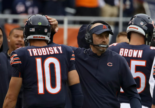 Chicago Bears quarterback Mitch Trubisky (10) celebrates with fans