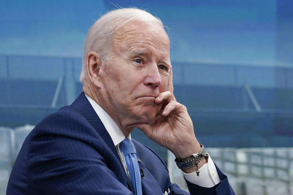 President Joe Biden listens as he meets virtually with infant formula manufacturers from the South Court Auditorium on the White House complex in Washington, Wednesday, June 1, 2022. (AP Photo/Susan Walsh)