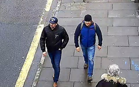 Anatoly Chepiga and Alexander Mishkin are seen walking in Salisbury on the day Sergei Skripal and his daughter Yulia were poisoned - Credit: AFP/Getty