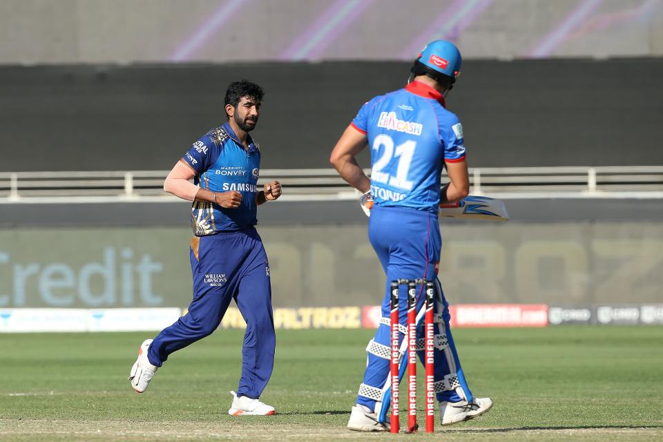 Jasprit Bumrah of Mumbai Indians celebrates the wicket of Marcus Stoinis of Delhi Capitals during match 51 of season 13 of the Dream 11 Indian Premier League (IPL).