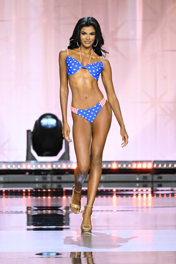 Himanvi Panidepu wears Miss Virginia USA swimsuit, American flag bikini at the 73rd Miss USA Beauty Pageant held in Los Angeles on August 4