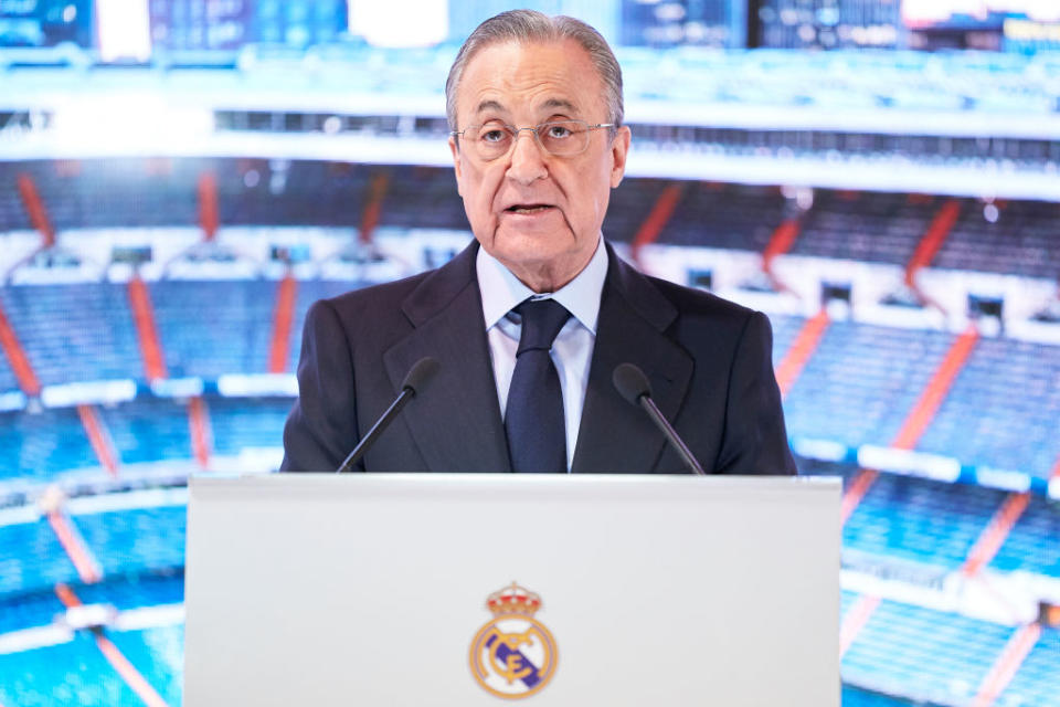 MADRID, SPAIN - FEBRUARY 18: Florentino Perez, President of Real Madrid gives a speech as Real Madrid unveil new signing Reinier Jesus Carvalho at Estadio Santiago Bernabeu on February 18, 2020 in Madrid, Spain. (Photo by Mateo Villalba/Quality Sport Images/Getty Images)