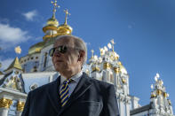 President Joe Biden walks at St. Michael's Golden-Domed Cathedral on a surprise visit, Monday, Feb. 20, 2023, in Kyiv. (Ukrainian Presidential Press Office via AP)