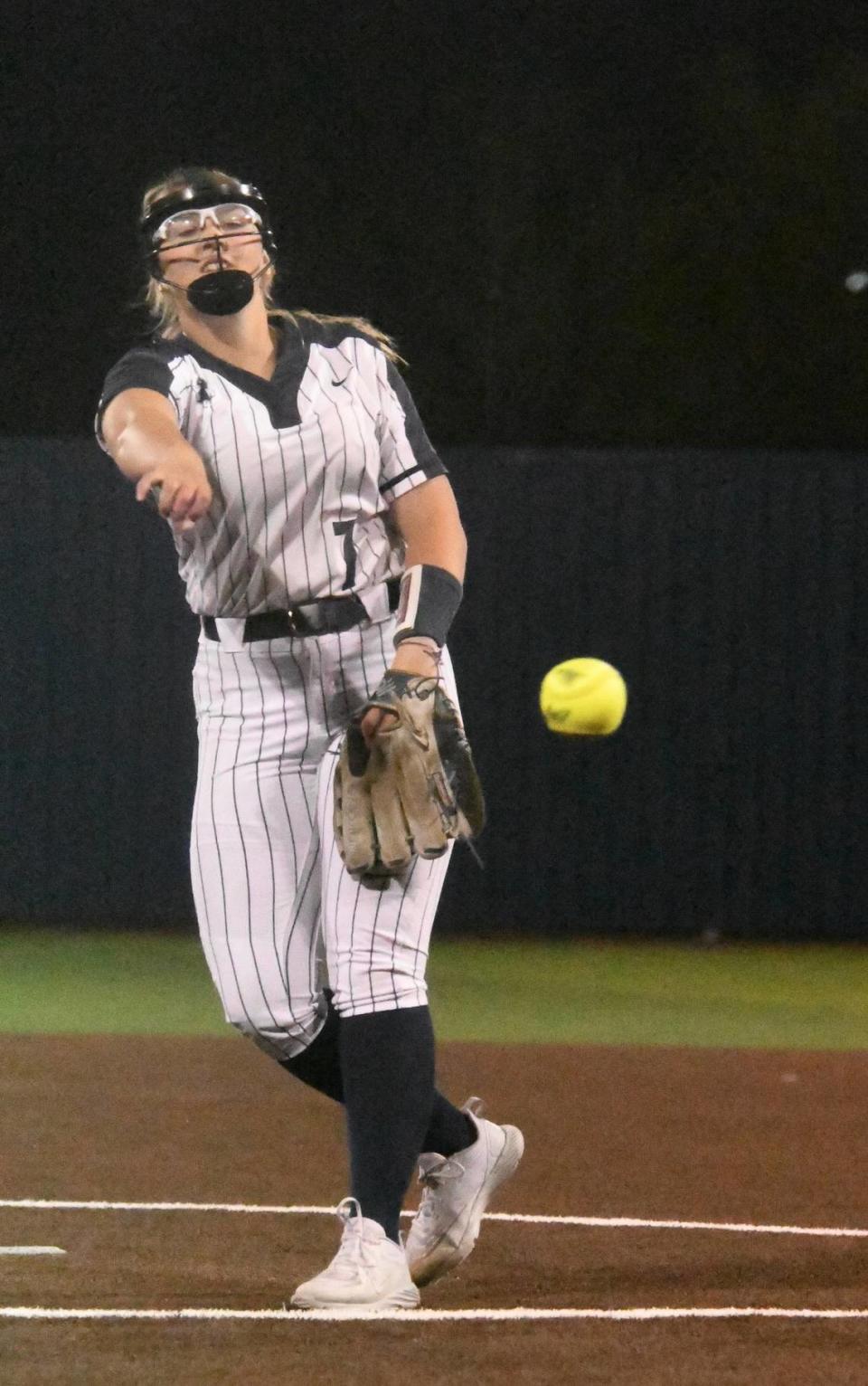 Richland pitcher Jacey Lees tosses a pitch against Birdville on Tuesday, March 19, 2024 at Richland High School. Richland defeated Birdville 2-0 as Lees threw a two-hit shut out striking out seven.