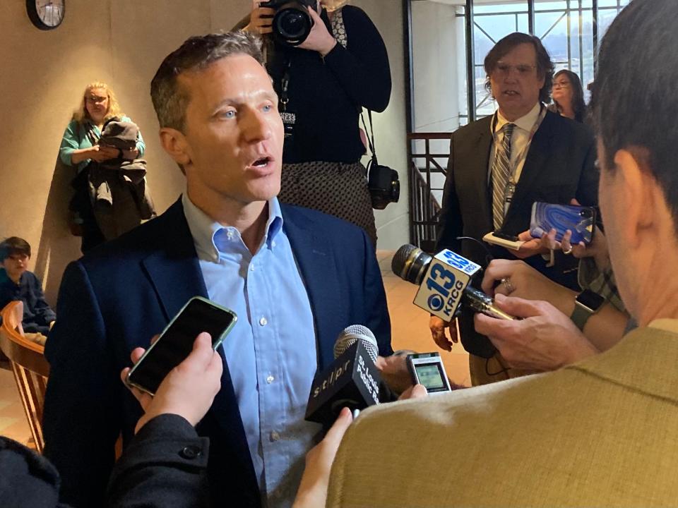 Former Gov. Eric Greitens speaks to reporters after filing to run for U.S. Senate in Jefferson City on Feb. 22, 2022.