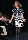 <b>Diane Von Furstenburg AW 13 runway show<br><br></b>DVF steps out in a graphic, monochrome printed shift as she thanks the crowd.<br><br>©Rex<b><br></b>