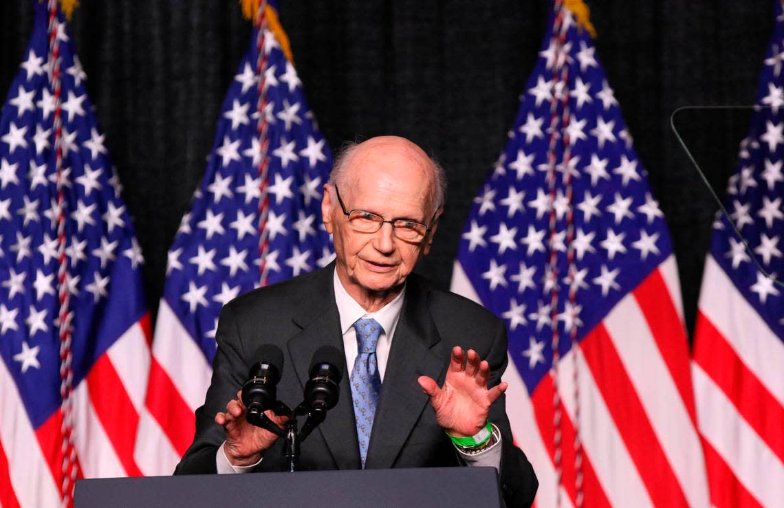 Former South Carolina governor Dick Riley speaks after being honored during the South Carolina Democratic Party Blue Palmetto Dinner in Columbia, S.C.