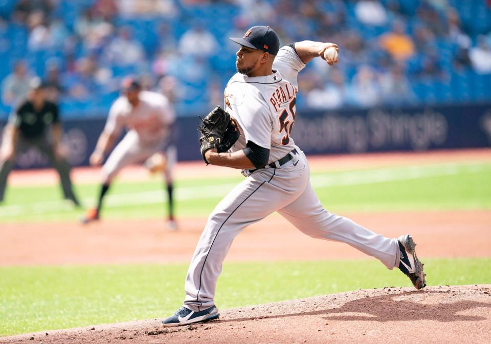 Tigers pitcher Wily Peralta throws a pitch during the first inning against the Blue Jays on Saturday, Aug. 21, 2021, in Toronto.