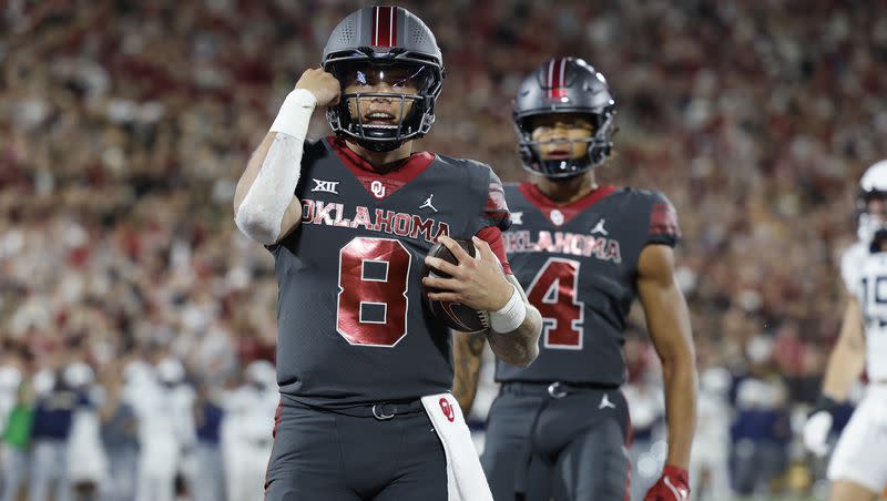 Oklahoma quarterback Dillon Gabriel celebrates after a touchdown against West Virginia Saturday, Nov. 11, 2023, in Norman, Okla. Gabriel and the No. 14-ranked Sooner invade LaVell Edwards Stadium Saturday for a 10 a.m. kickoff against BYU.