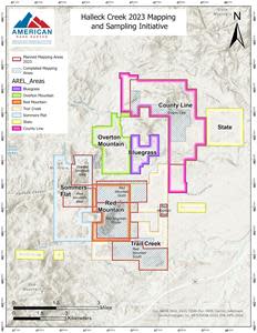 Exhibit 1 illustrates the exploration areas across the Halleck Creek REE project area. The hatched areas illustrate the areas included in this mapping season. Areas outlined in red show areas of planned future mapping.