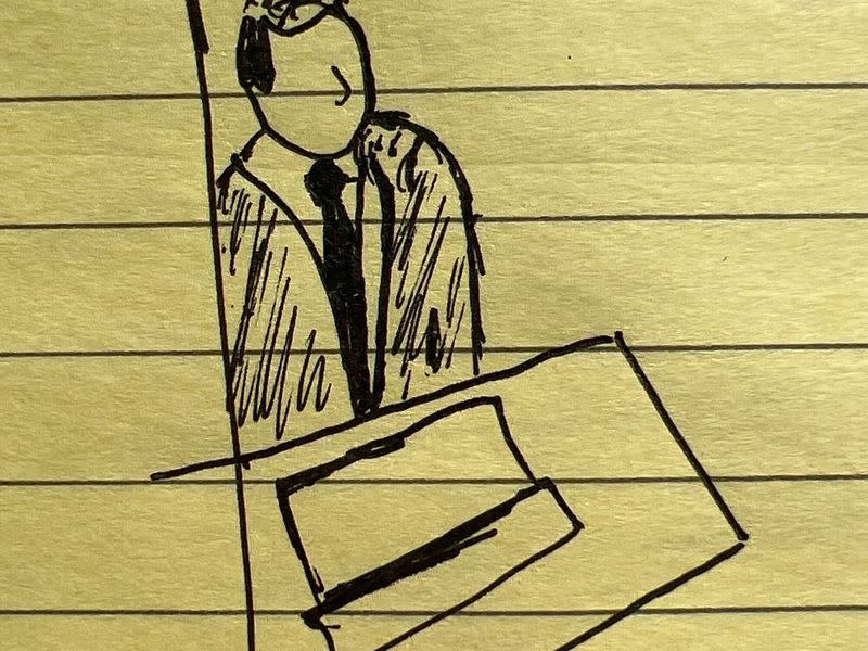 Sketch of lawyer Mark Cohen beginning cross-examination of Caroline Ellison. (Nik De/CoinDesk)