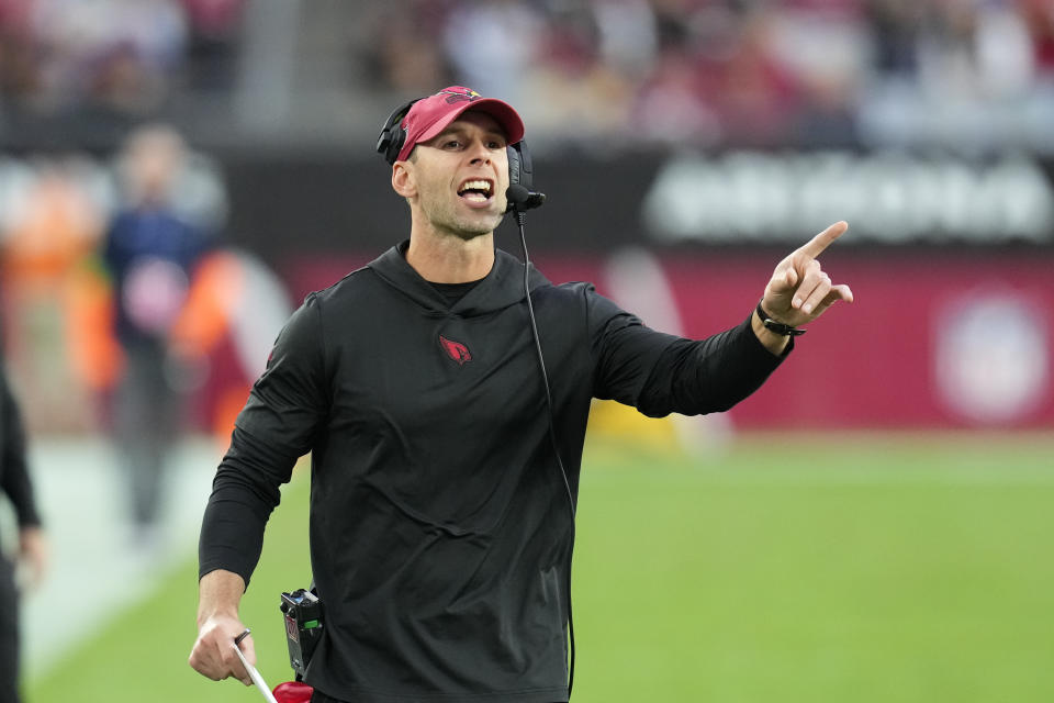 Arizona Cardinals head coach Jonathan Gannon yells during the second half of an NFL football game against the Los Angeles Rams, Sunday, Nov. 26, 2023, in Glendale, Ariz. (AP Photo/Ross D. Franklin)
