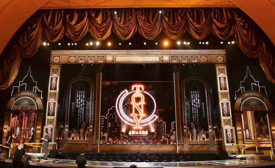 FILE - This June 9, 2019 file photo shows the stage prior to the start of the 73rd annual Tony Awards at Radio City Music Hall in New York. The 74th Annual Tony Awards, scheduled to air live on the CBS Television Network on Sunday, June 7, will be postponed and rescheduled at a later date. (Photo by Charles Sykes/Invision/AP, File)