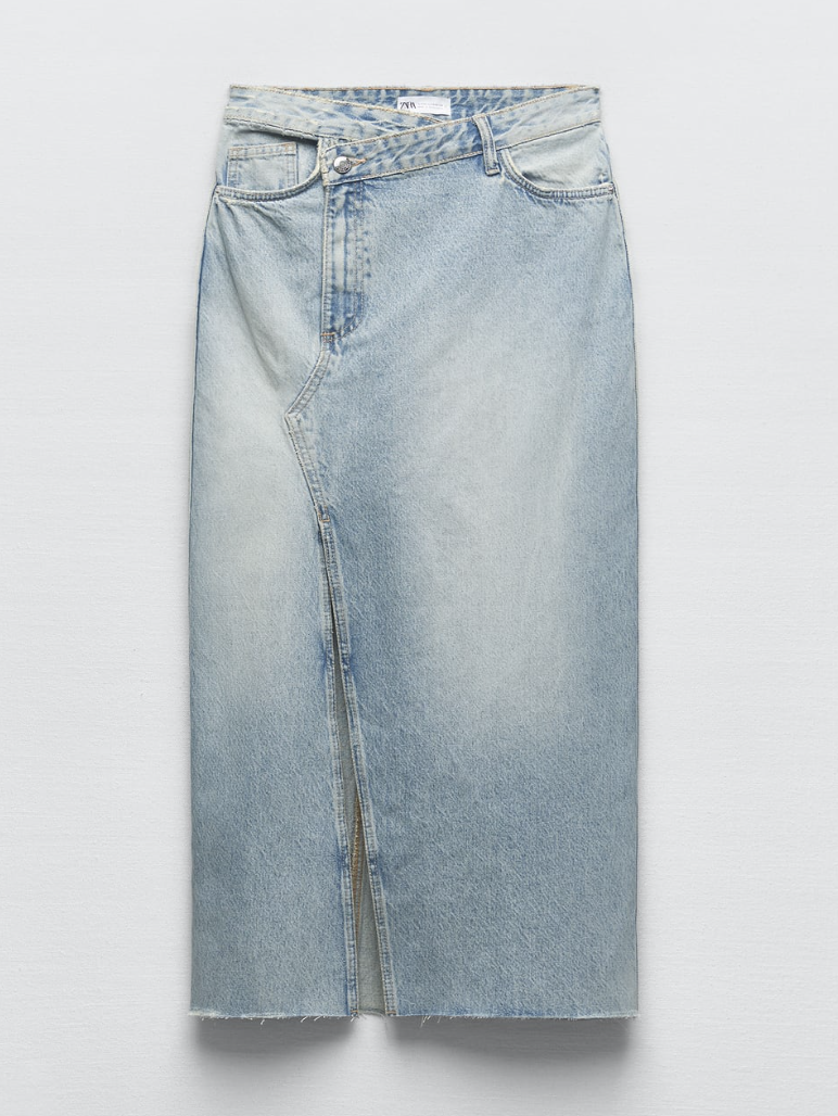 blue lightwash denim skirt with front slit