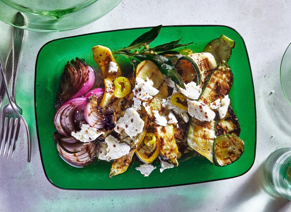 Grilled Summer Squash and Red Onion With Feta