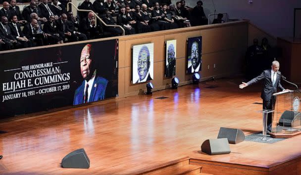 PHOTO: Former President Barack Obama speaks during funeral services for late Rep. Elijah Cummings at the New Psalmist Baptist Church in Baltimore, Oct. 25, 2019. (Joshua Roberts/Pool via Reuters)