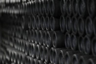 155 mm M795 artillery projectiles are stacked at the Scranton Army Ammunition Plant, Tuesday, Aug. 27, 2024, in Scranton, Pa. (AP Photo/Matt Slocum)