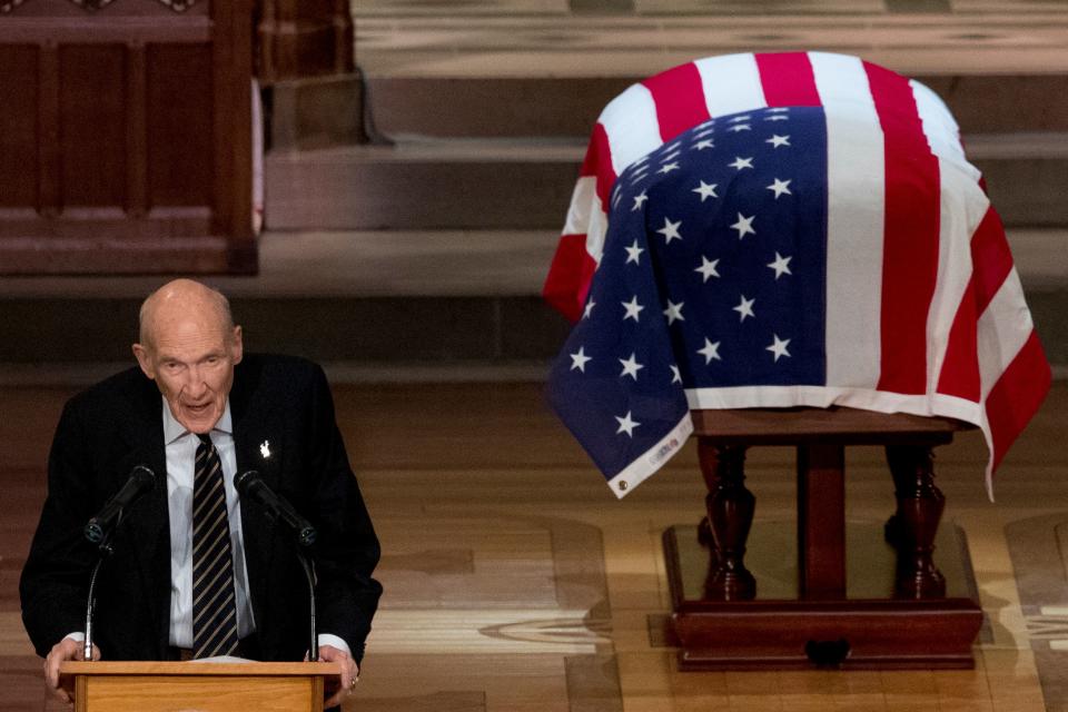 Former Sen. Alan Simpson, R-Wyo, speaks during the State Funeral for former President George H.W. Bush at the National Cathedral, Wednesday, Dec. 5, 2018, in Washington. (AP Photo/Andrew Harnik, Pool) ORG XMIT: DCAH130