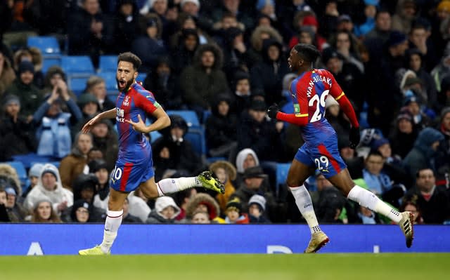 Andros Townsend celebrates his stunning goal at the Etihad Stadium last season 