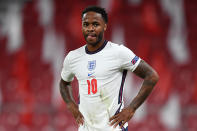 COPENHAGEN, DENMARK - SEPTEMBER 08: Raheem Sterling of England reacts during the UEFA Nations League group stage match between Denmark and England at Parken Stadium on September 08, 2020 in Copenhagen, Denmark. (Photo by Michael Regan/Getty Images)