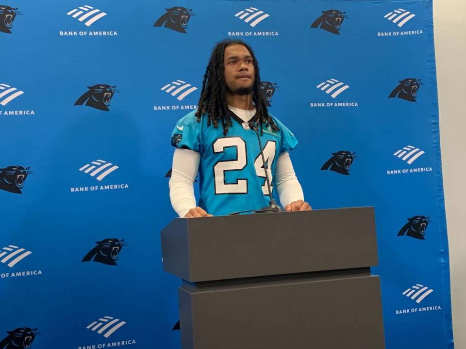 Carolina Panthers rookie RB Jonathon Brooks addresses the media following the first practice of 2024 rookie minicamp in Charlotte, N.C. on May 10, 2024. Mike Kaye, Charlotte Observer