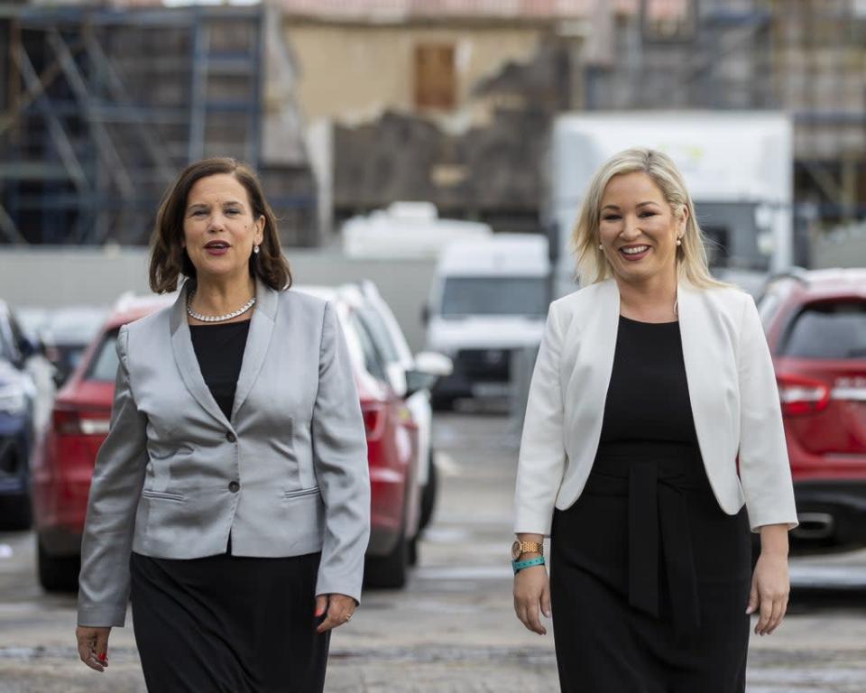 Sinn Fein President Mary Lou McDonald (left) arrives with Vice-President Michelle O&#x002019;Neill (right) to the Titanic Exhibition Centre in Belfast, as counting continues for the Northern Ireland Assembly (Liam McBurney/PA) (PA Wire)