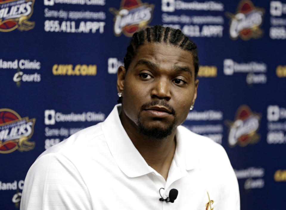 FILE - In this July 19, 2013 file photo, Cleveland Cavaliers' Andrew Bynum listens to a question during an NBA basketball news conference in Independence, Ohio. On Saturday, Feb. 1, 2014, the Pacers added size and scoring punch to their roster by signing mercurial free agent center Andrew Bynum for the rest of the season. Team officials did not release additional details about the contract and said Bynum was expected to join the team sometime next week. (AP Photo/Tony Dejak, File)