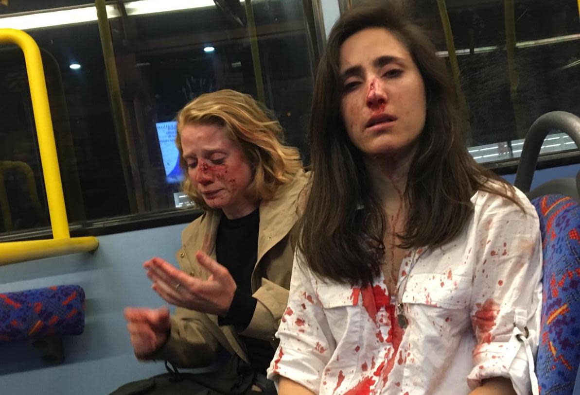 Melania Geymonat and Chris Hannigan were targeted on the top of a double-decker London night bus (Picture: Facebook)