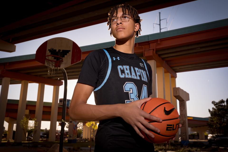 El Paso Boys All-City Basketball Defensive Player of the Year Chapin's Jayden Leverett poses for a photo Thursday, April 4, 2024, at Lincoln Park in El Paso, TX.