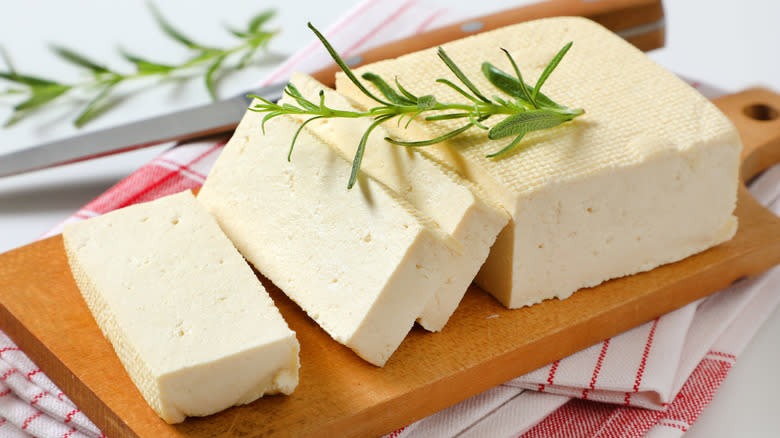 Sliced tofu on cutting board