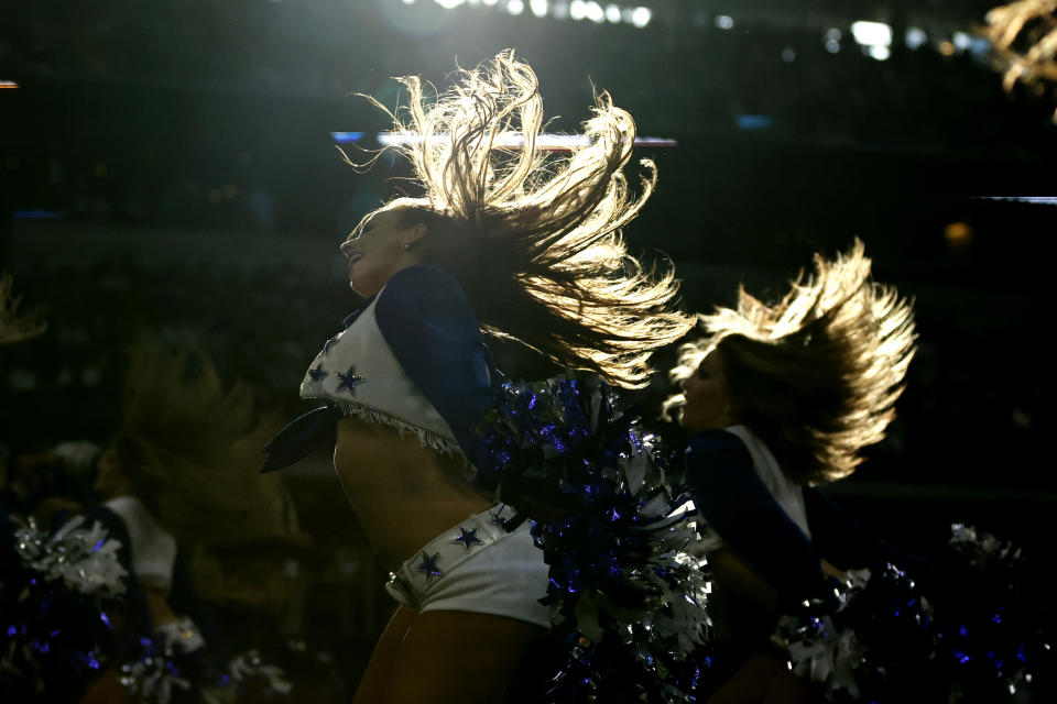 Aug 12, 2023; Arlington, Texas, USA; Dallas Cowboys cheerleader performs in the second half in the game against the Jacksonville Jaguars at AT&T Stadium. Mandatory Credit: Tim Heitman-USA TODAY Sports