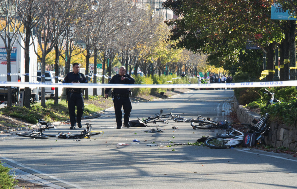 Police guard a cordon at the scene where Saipov mowed down innocent New Yorkers (Picture: REX)