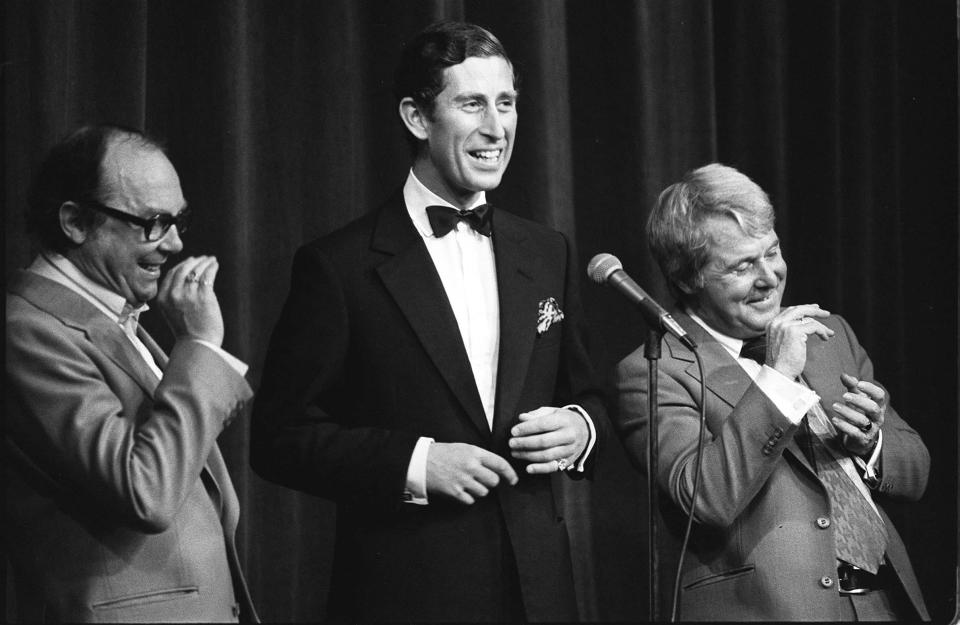 <p>Charles on stage with comedy duo Eric Morecambe and Ernie Wise during their special Royal Charity Show in aid of the Queen’s Jubilee Appeal, in 1977 (PA) </p>