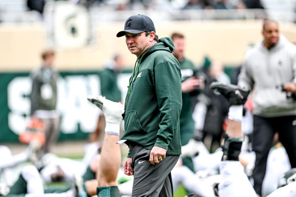 Michigan State's head coach Jonathan Smith looks on during the Spring Showcase on Saturday, April 20, 2024, at Spartan Stadium in East Lansing.